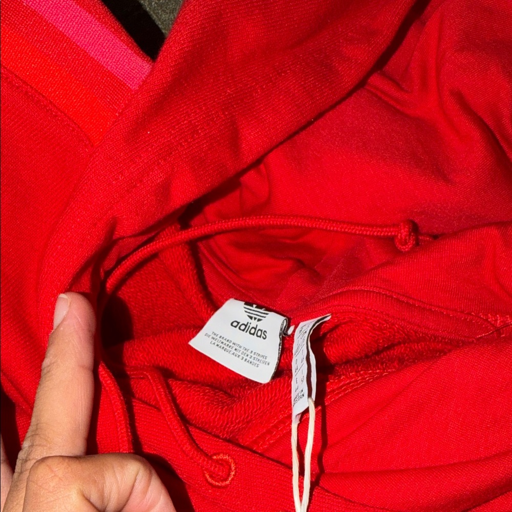 adidas Red Cropped Hoodie with Multicolor Trefoil Sleeve Accent - Picture 5 of 5
